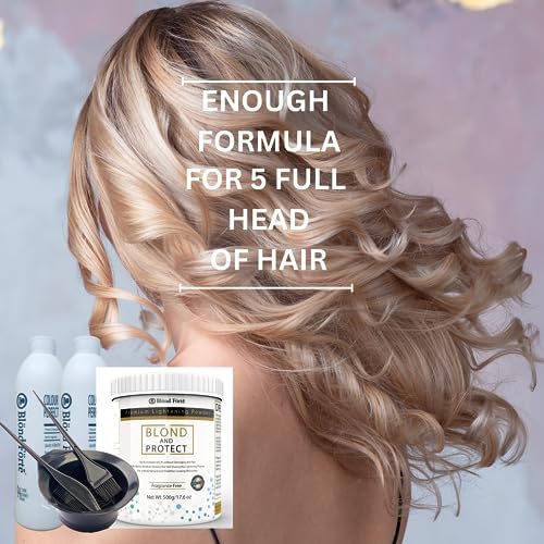 Blond Forte extra strength blue bleach powder container showing eight plus levels of lift specifications.