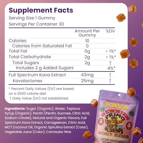 Primo Kava supplement label with 25mg kavalactones serving facts