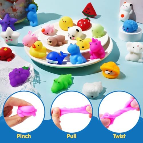 Assorted mini silicone sensory fidget toys in random cute designs spread out for children party favors.