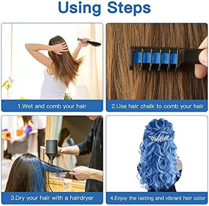 Step by step instructions for setting fluorescent blue hair chalk on kids hair