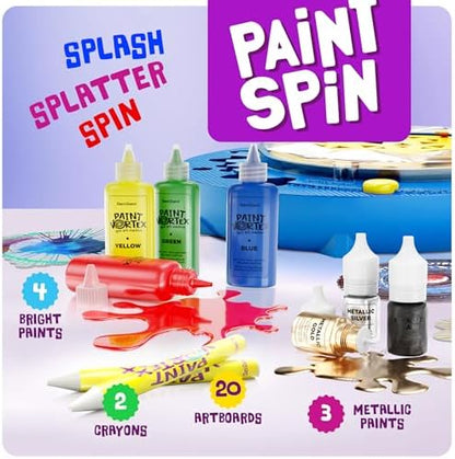 Children using the motorized paint spinner toy to create abstract splatter art designs.