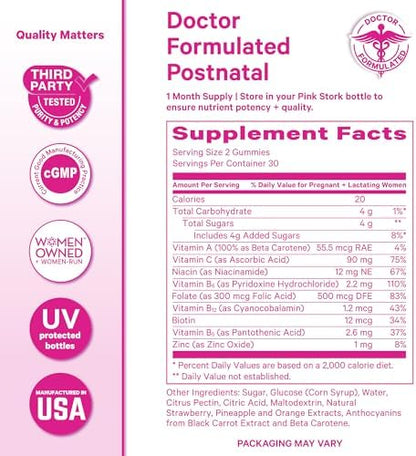 Pink Stork postpartum support supplement bottle on a clean background
