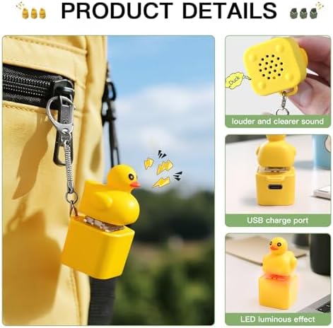 Rechargeable yellow duck keycap fidget toy with colorful flashing lights showing side charging port.