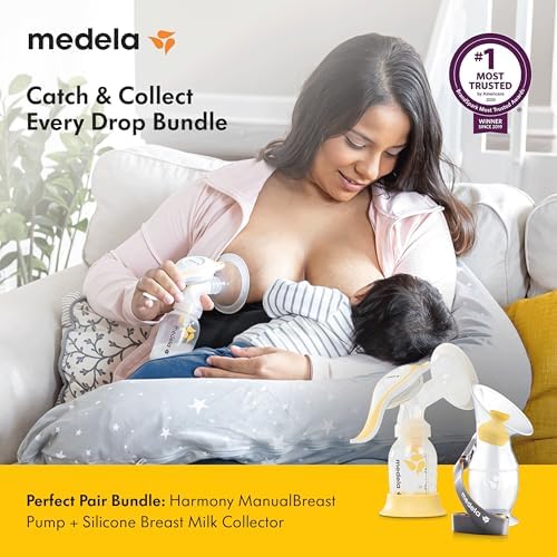 Medela Harmony manual breast pump with an ergonomic handle assembled for comfortable milk expression