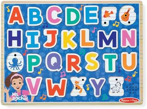 Toddler learning toy alphabet board featuring illustrations underneath each letter piece for visual matching