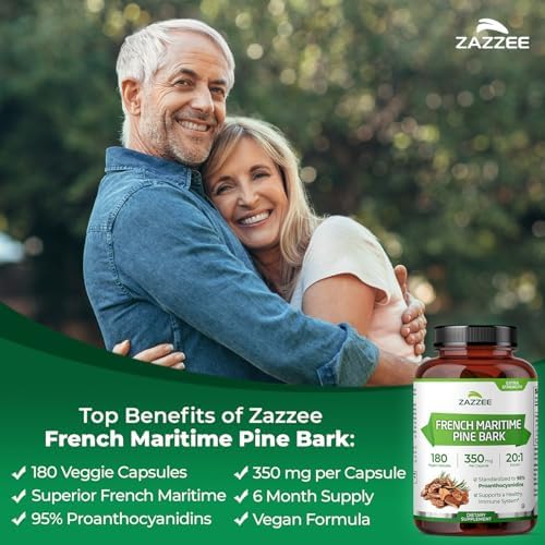 Side profile of Zazzee pine bark extract bottle highlighting vegetarian certification and non-GMO status.