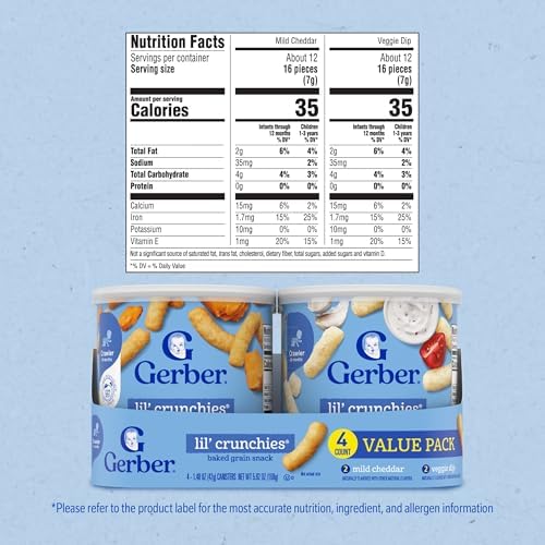 Gerber Lil Crunchies four pack packaging detailing the non GMO and baked grain snack product attributes