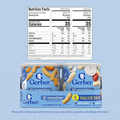 Gerber Lil Crunchies four pack packaging detailing the non GMO and baked grain snack product attributes