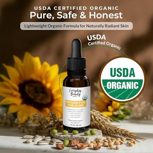 USDA Certified Organic Vitamin E Oil 42500 IU bottle for anti aging skincare