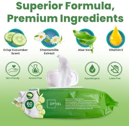 Opteel elderly care cleansing wipes highlighting the aloe vera and vitamin E ingredients