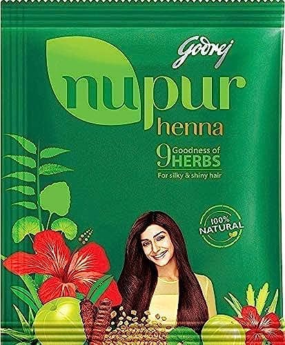 Godrej Nupur Henna 1000 Grams back label displaying the nine natural Ayurvedic ingredients