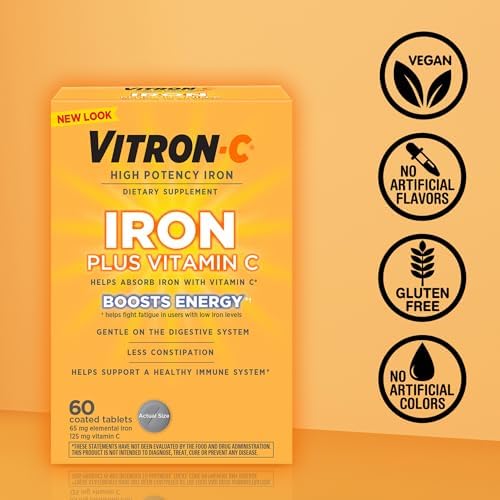 Back label of Vitron-C supplement highlighting gentle on stomach formula.