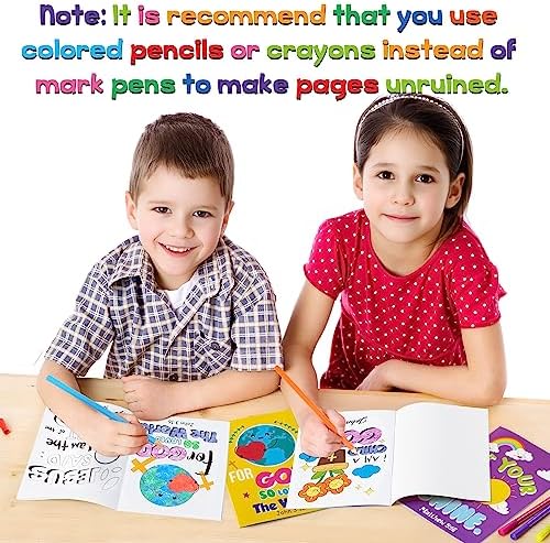Compact holiday religious rewards booklets shown with colored pencils setup.