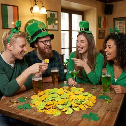 Vicroic leprechaun gold coins packed together demonstrating bulk party favor supply quantities for event planning