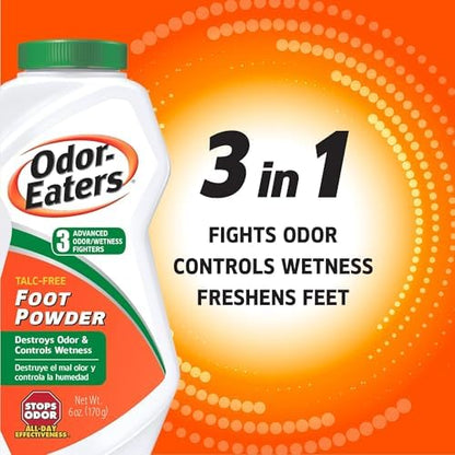 Odor-Eaters foot powder showing Zorbitex technology and baking soda ingredients.