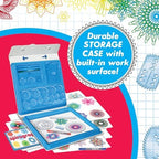 Close up view of the built in drawing surface surface being used to create geometric patterns with fine line pens.