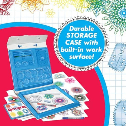 Close up view of the built in drawing surface surface being used to create geometric patterns with fine line pens.