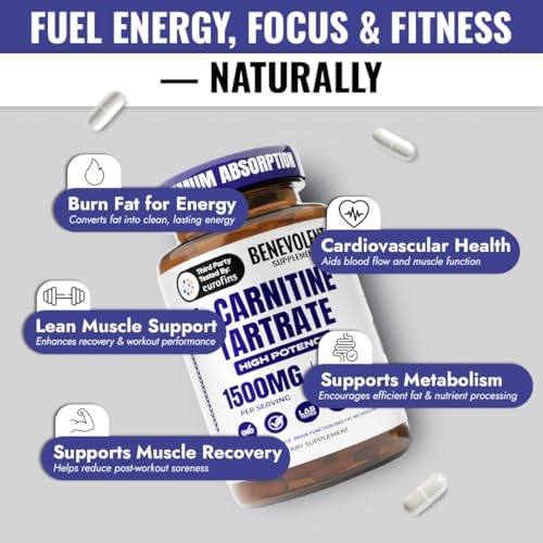 Side label of Benevolent Nourishment 1500mg L-Carnitine capsules showing supplement facts