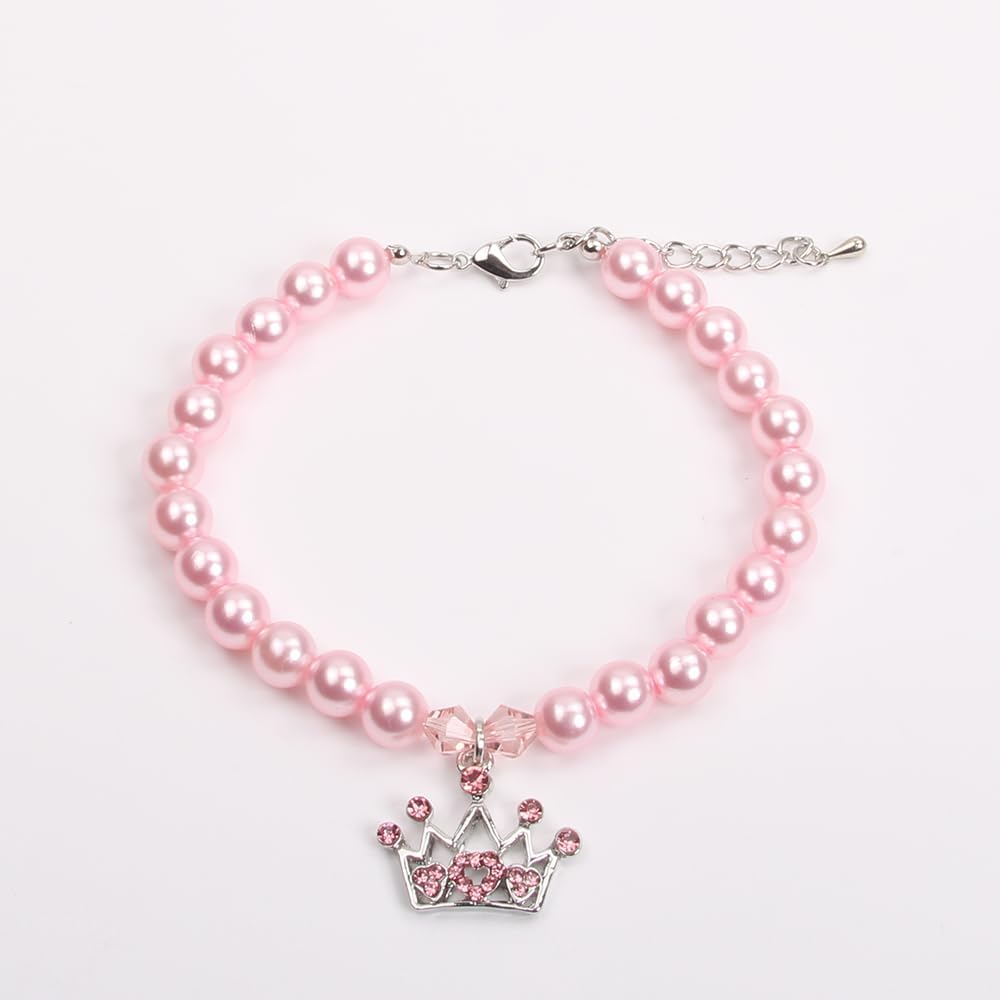 XKSRWE Dog Cat Pearls Necklace Collar front view showing pink imitation pearls and rhinestone crown pendant