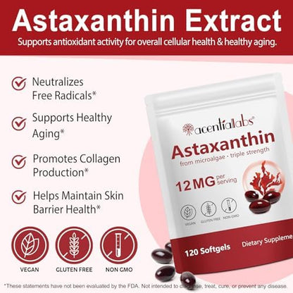 Premium microalgae sourced astaxanthin softgels displaying non-GMO and gluten-free labels