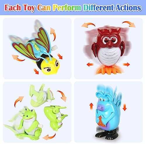 Durable plastic flipping monkey and swimming penguin toys demonstrating various mechanical actions.