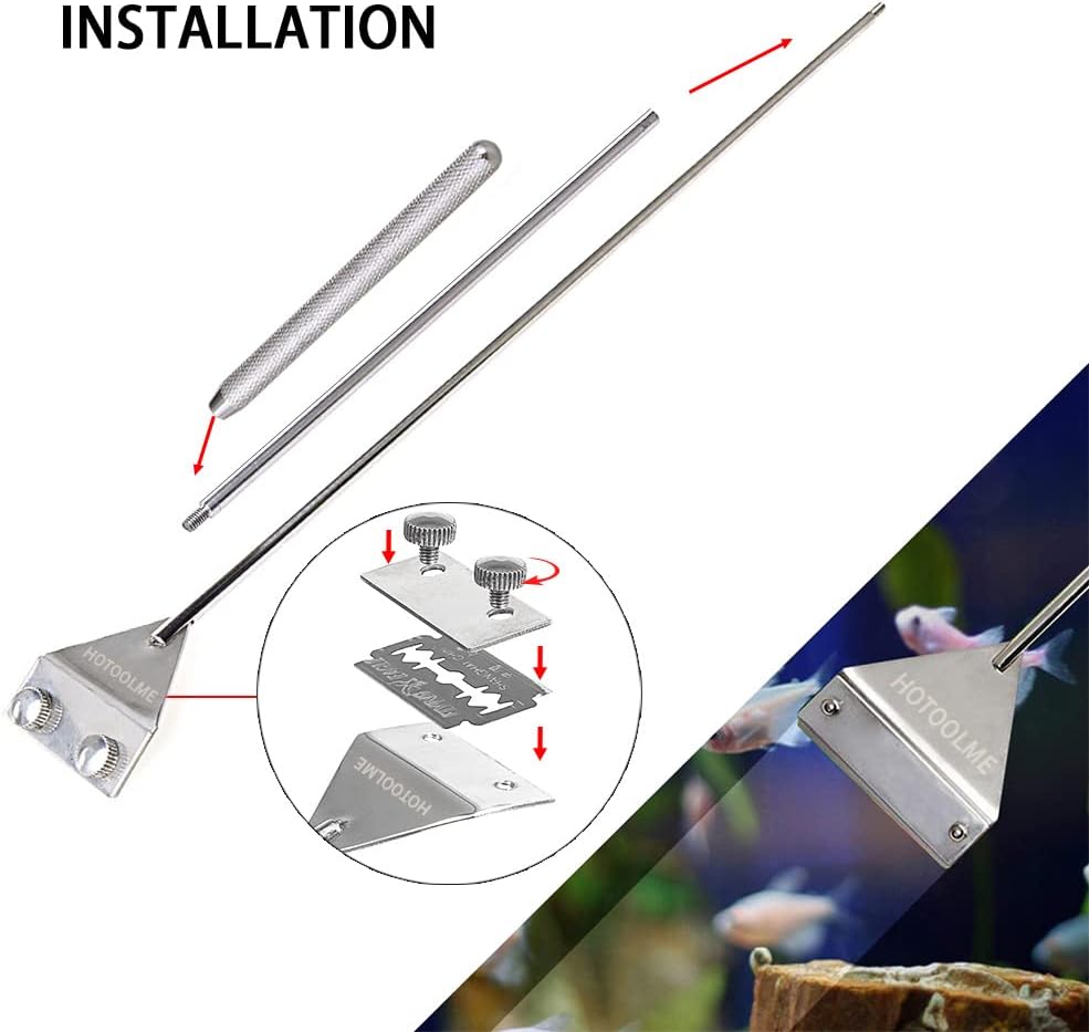 HOTOOLME fish tank algae razor kit featuring ten replaceable blades and extension rods