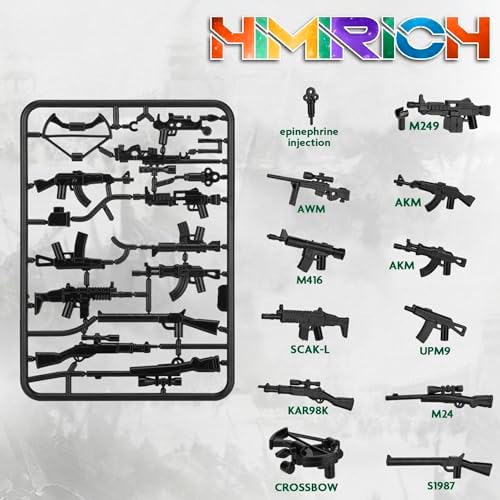 Detailed view of miniature plastic submachine guns and sniper rifles from the 38-piece army kit.