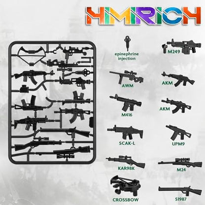 Detailed view of miniature plastic submachine guns and sniper rifles from the 38-piece army kit.