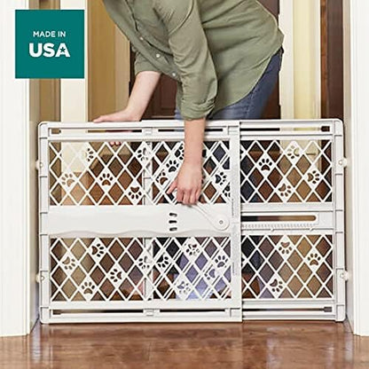 Premium imported USA pet safety gate showcasing wall protection feature over white baseboard molding.