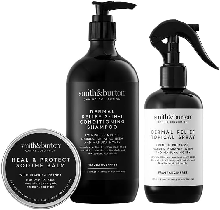 Smith&Burton Dermal Relief Care System front view showing the complete natural dog and cat grooming set.
