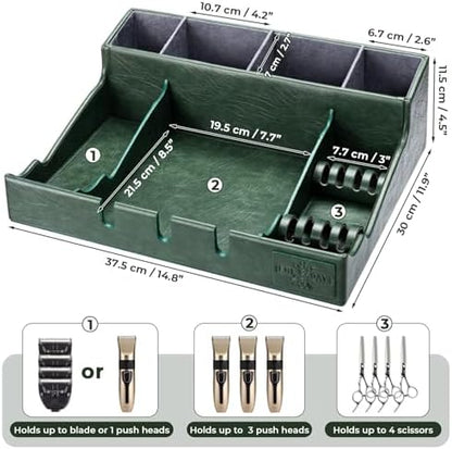 Close up view of the durable dark green stitching on the Noverlife large salon equipment organizer tray.
