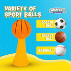 Three different mini sports ball designs including soccer basketball and baseball spring launchers