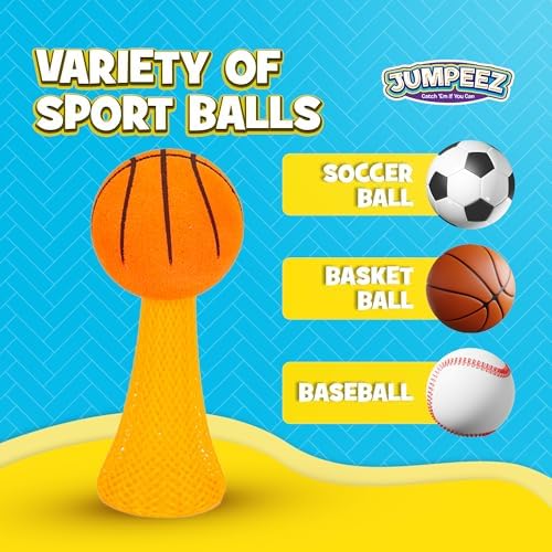 Three different mini sports ball designs including soccer basketball and baseball spring launchers