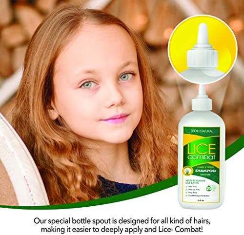 Natural lice treatment bottle with tea tree and coconut oil ingredients label.