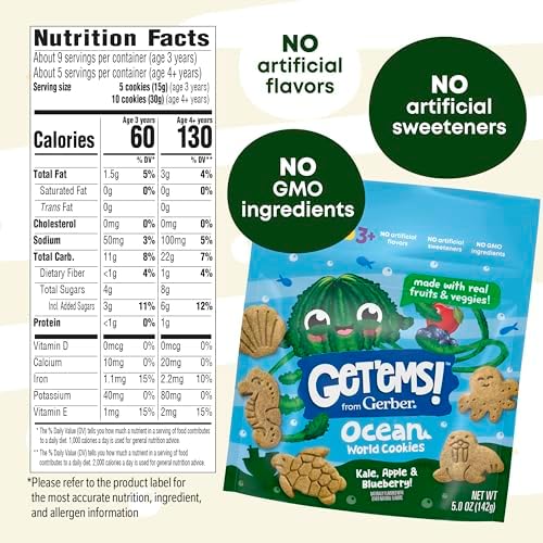 Gerber Get'ems kids nutritional snacks packaging showing marine shapes
