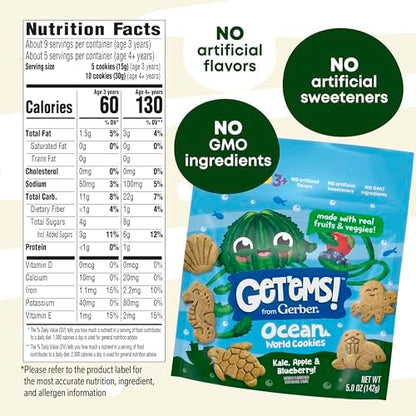 Gerber Get'ems kids nutritional snacks packaging showing marine shapes