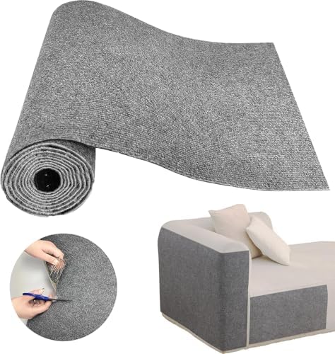 Self adhesive cat scratch mat applied to the armrest of a modern indoor living room sofa