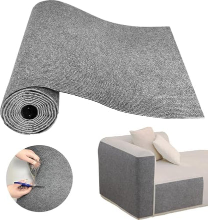 Self adhesive cat scratch mat applied to the armrest of a modern indoor living room sofa