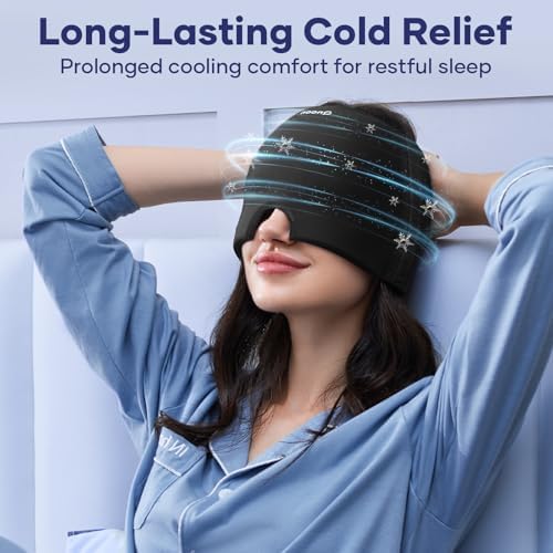 Person wearing Riheti migraine ice wrap for tension relief