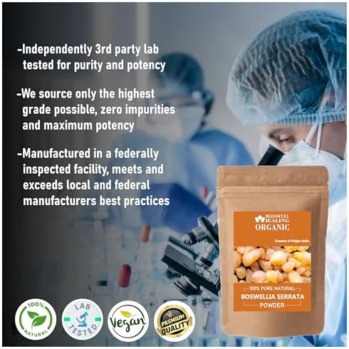 Organic Boswellia Serrata supplement fine powder texture showing 100% natural purity.