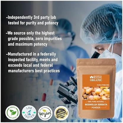Organic Boswellia Serrata supplement fine powder texture showing 100% natural purity.