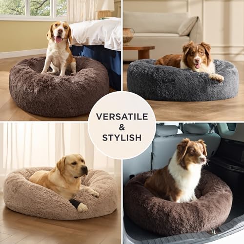 Bedsure SupportMax(TM) Calming Dog Beds Large Sized Dog - 36in Donut Washable Large Pet Bed,Anti-Slip Removable Cover,420GSM Round Anti-Anxiety Fluffy Plush Faux Fur Bed, Fits up to 80 lbs Pets - Image 6