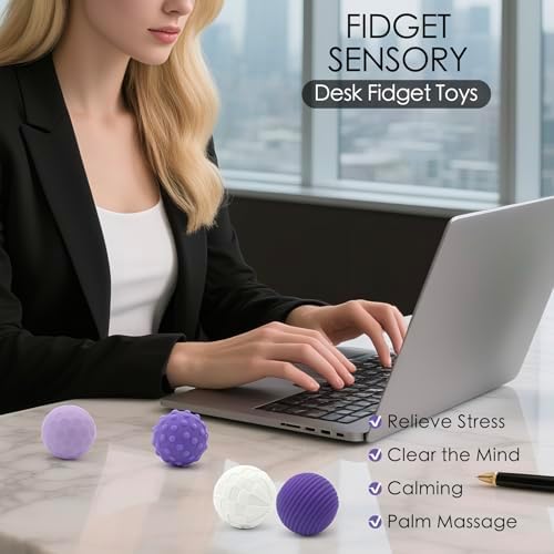 The four distinct tactile textures of the PuraEase adult stress relief balls displayed side by side.