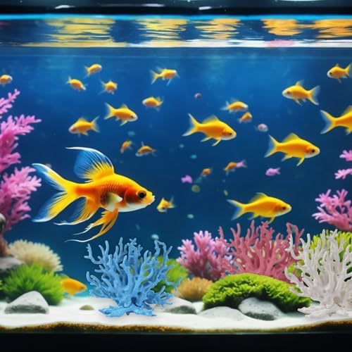 Five pieces of artificial aquarium coral reef decorations arranged together on a light sand substrate