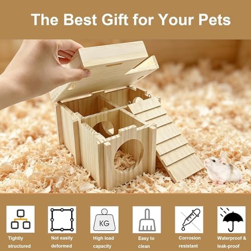 Wooden Hamster Hideout,Dwarf Hamster Hide House with Platform & Bowl & Ladder,Small Hamsters Maze Hut Hides Habitats Decor Cage Accessories for Gerbils,Mice,Mouse - Image 4