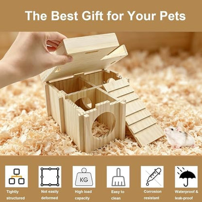 Wooden Hamster Hideout,Dwarf Hamster Hide House with Platform & Bowl & Ladder,Small Hamsters Maze Hut Hides Habitats Decor Cage Accessories for Gerbils,Mice,Mouse - Image 4