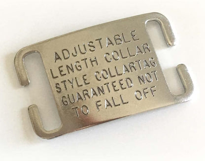Open end design dog collar tag lifestyle view.