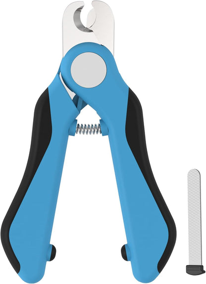 Swihauk heavy duty dog nail clippers front view showing sharp stainless steel blades and blue ergonomic handles.