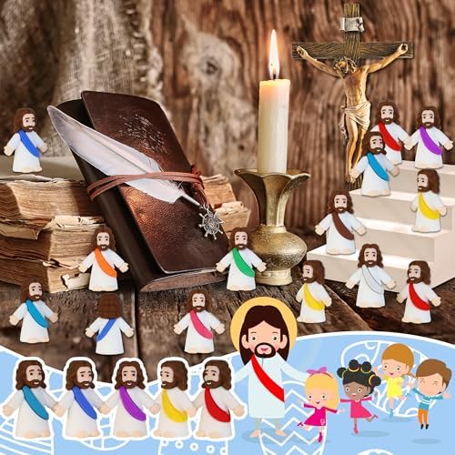 Tiny Jesus Christ toys arranged on a table for Sunday school religious party favors