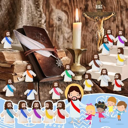Tiny Jesus Christ toys arranged on a table for Sunday school religious party favors